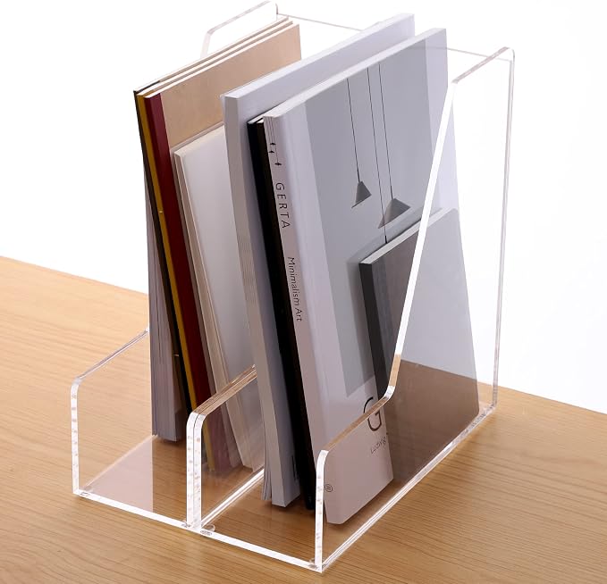 HeZone Magazine Holder, Clear Acrylic Desk Organizers, File Organizer for Desk, Magazine Rack- Desktop Book Storage -Independent Vertical 1 Space-2 Pack