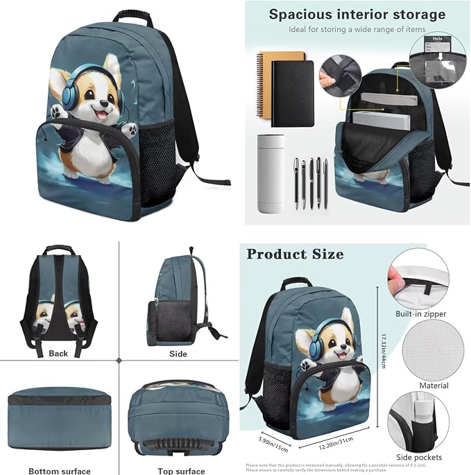 Ystardream Baby Corgi Backpack for Girls Elementary Backpack with Lunch Box & Pencil Case & Water Bottle Sleeve,Teen Kids Sturdy Schoolbag Book Bag Set 4 In 1 Back to School Supplies