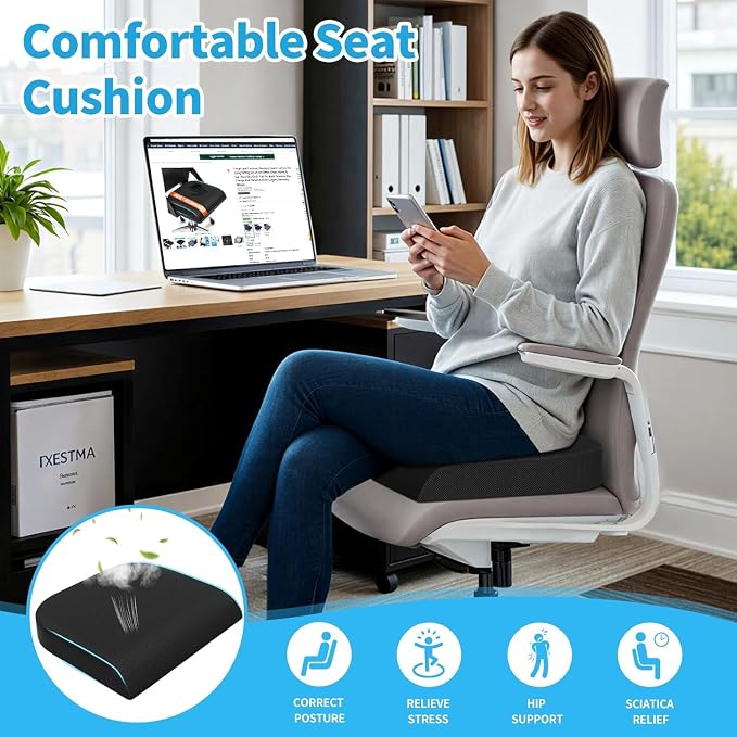 TranquilRelax 2XL Seat Cushion, Memory Foam Cushion for Long Sitting Hours on Office Chair, Car Seat, Non-Slip Chair Pad for Sciatica, Coccyx, Tailbone Pain Relief & Post-Surgery Recovery (Black)