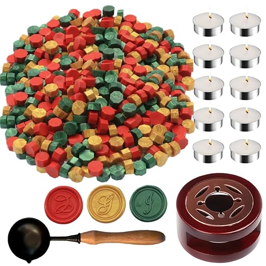 Wax Seal Kit with Warmer, ONWINPOR 300pcs Sealing Wax Beads in 3 Colors, Non-Slip Spoon, Candles for Envelopes, Stamp Letter Seal,Wedding Invitations (Christmas Mix)