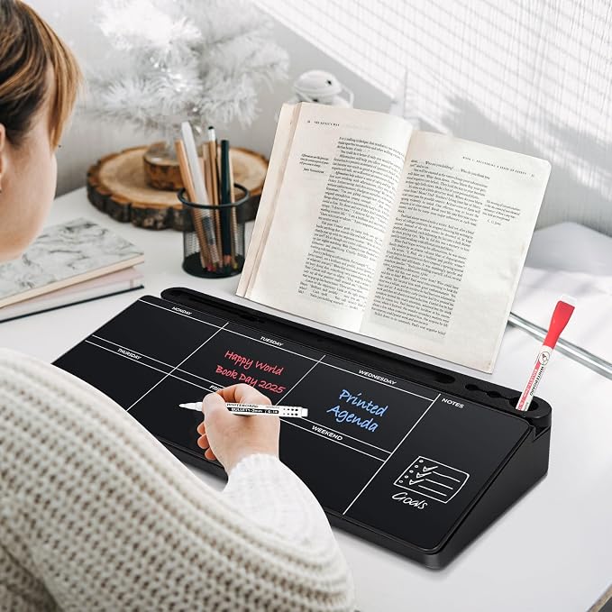 DOLLAR BOSS Glass Desk Whiteboard Calendar Small Dry Erase Board Desktop White Board with Storage Drawer Computer Keyboard Stand Desk Organizer, Weekly Calendar, Black