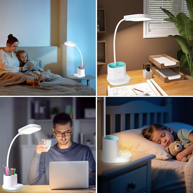 LED Desk Lamp for Home Office Bedroom, Dimmable Reading Light | Touch Dimmable Small Table Lights with USB Charging Port, Eye-Caring, Flexible Gooseneck, Room College Dorm Essentials