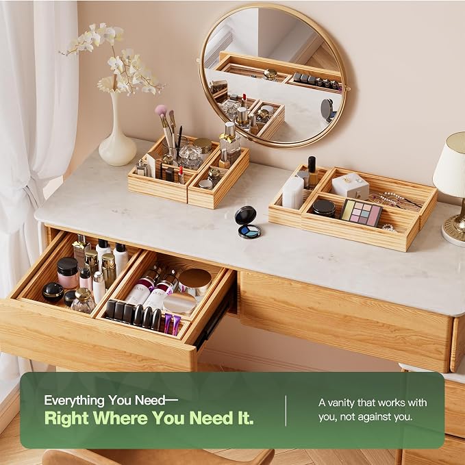 9-Pack Solid Wood Junk Drawer Organizer, Modular Desk Drawer Tray & Accessories with Non-Slip Pad, Multi-Use for Kitchen, Office, Bedroom Dresser, Utensil, Makeup, Stationery, Tea Bags & Coffee Pod