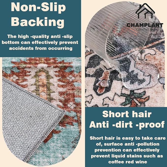 Area Rug 6'x9' Washable Floral Green Vintage Traditional Floor Cover Thin Retro Kitchen Indoor Distressed Non Slip Carpet for Living Room Bedroom Dining Room