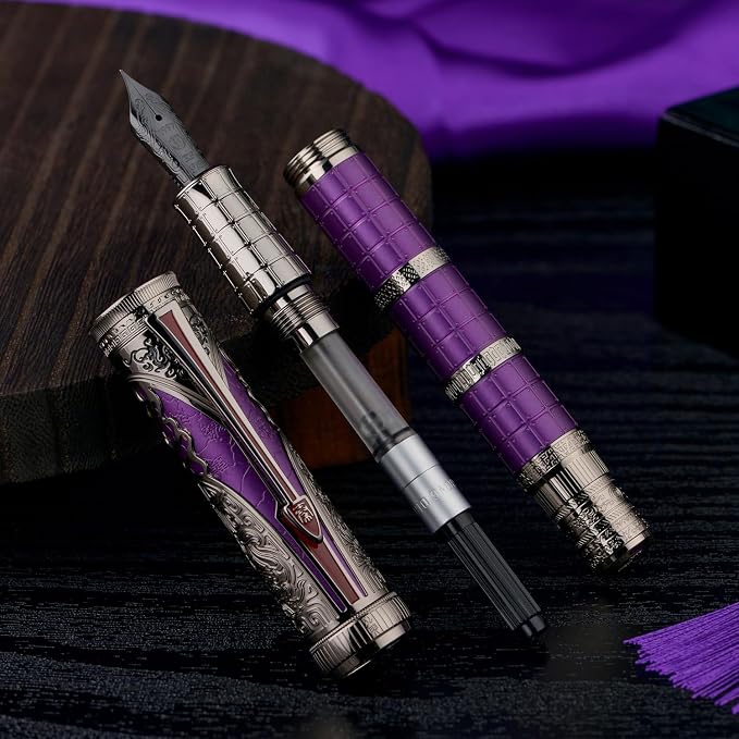 Hongdian D5X Fountain Pen Purple Color Fine Nib, Qin Dynasty Retro Chinese Totem Engraving Smooth Writing Pen with Converter and Pen Box Set