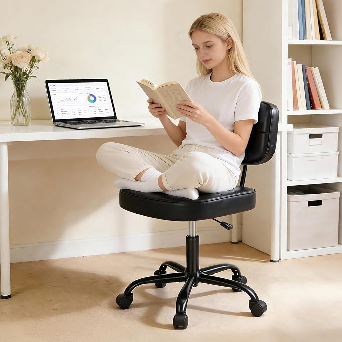DUMOS Armless Office Desk Chair, Small Vanity Chair with Lumbar Support | PU Leather, 360° Rolling Swivel, Height Adjustable, Fit Computer Task, Bedroom Living Room, Black
