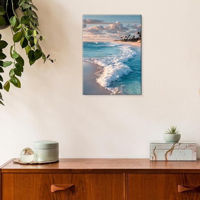 Coastal Ocean Wave Wall Art Decor Seascape Beach Painting Picture Artwork Blue Ocean Aesthetic Wall Decor for Home Beach Room Bedroom 11x15 Canvas Framed