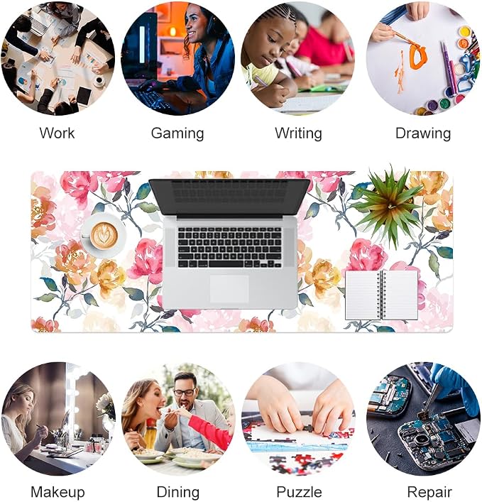QiyI Floral Mouse Pad, Watercolor Flowers Desk Mat for Desktop, Women Girls Office Décor Accessories, PU Leather Waterproof Gaming Mousepad, Pink Yellow Peonies Desk Pad Computer Mat, 31.5" x 11.8"