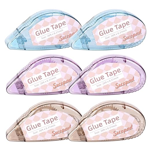 Secopad Scrapbook Tape, 6 Pack Double Sided Tape Roller for Crafts, Adhesive Glue Runner Scrapbooking Supplies Journaling School Office Teacher Supplies, 0.3IN x 26FT, Clear Light-Colored Shell