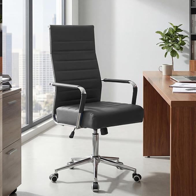 JOMEED Office Desk Chair,Conference Room Chair,High Back PU Leather Swivel | Modern Executive Ribbed Design, Ergonomic, Height Adjustable, Wheels and Arms, for Home Office(Grey-Silver Frame)