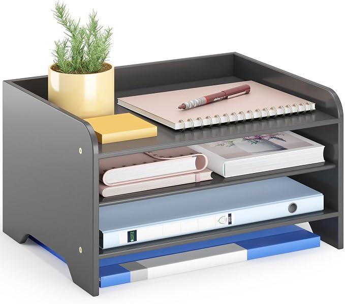 Bamboo File Organizer for Desk, Desktop Paper Tray and Mail Holder | Three open tiers keep A4/letter paper, folders, bills and mail sorted, visible and easy to reach while saving desk space