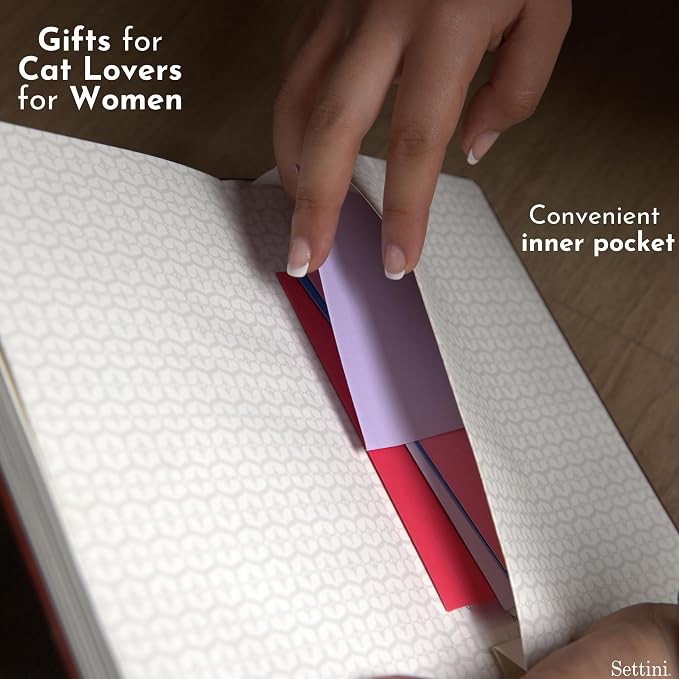 SETTINI® Lined Journal - Cat Journal for Writing Gift Set - Hardcover Vegan Leather, Includes Luxury Pen in a Unique Pen Holder, 192 Pages, A5, Birthday Gift, Journal for Women