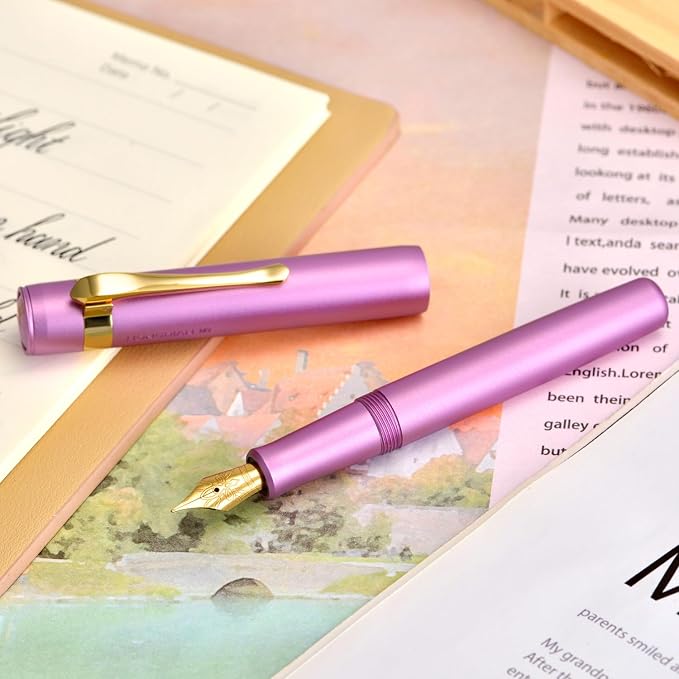 HONG DIAN M2 Black Forest Mini Fountain Pen, Fine Soft Golden Nib & Sleek Shape Aluminium Short Pocket Travel Pen (Lilac Purple)