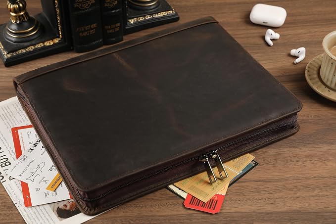 Leather Portfolio for 13 inch iPad Pro M4 (2024), Business Tablet Portfolio for Men, Personalized Padfolio, Engraved Portfolio Folder for A4 Notepad (Dark Khaki, Custom)