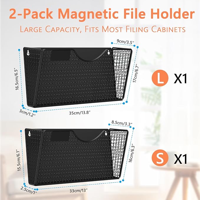 MFTEK Magnetic File Holder, 2 Pockets Magnetic File Folder Holder No Drilling Magnet Paper Mail Organizer Magazine Basket, Hanging Wall Storage Rack for Fridge Cabinets Office Classroom