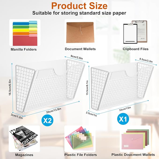 MFTEK Magnetic File Holder, 3 Pockets Wall File Folders Holder No Drilling Magnetic Paper Mail Organizer Magazine Basket, Hanging Storage Rack for Fridge Cabinets Office Classroom(White)