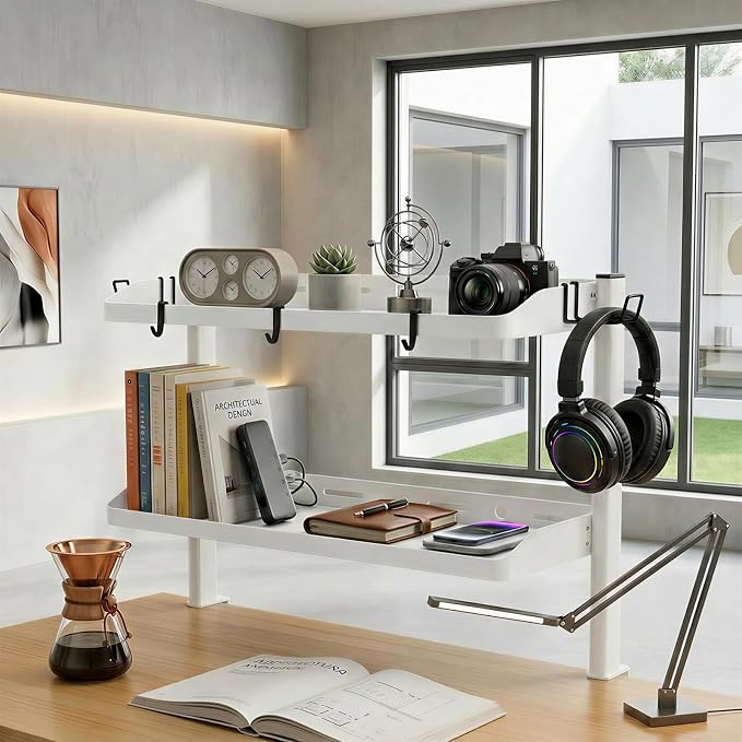 Clamp on Desk Shelf White, 24in 2-Tier Office Desk Shelves Organizer, Shelf for Top of Desk with Headphone Holder and Hooks, Desktop Storage Rack for Home Workspace, Study Rooms, Gaming Accessories