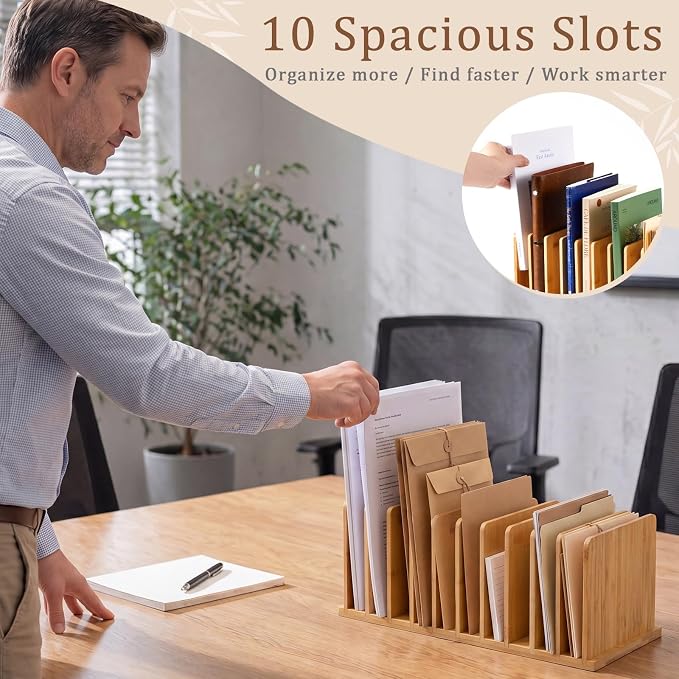 Suzile Bamboo File Mail Organizer for Desk, 10 Slot Vertical File Sorter,Letter Sorter, Desktop Mail Holder, Wooden Office Desk Organizer Countertop Paper Holders for Documents, Envelope