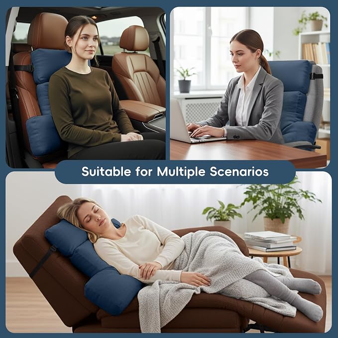 2-Piece Neck Pillow Lumbar Support Cushion for Recliner, Ergonomic High-Density Foam Backrest with Adjustable Headrest, Soft Comfy Back Support for Office Chair, Sofa, Couch, Pain Relief, Navy Blue