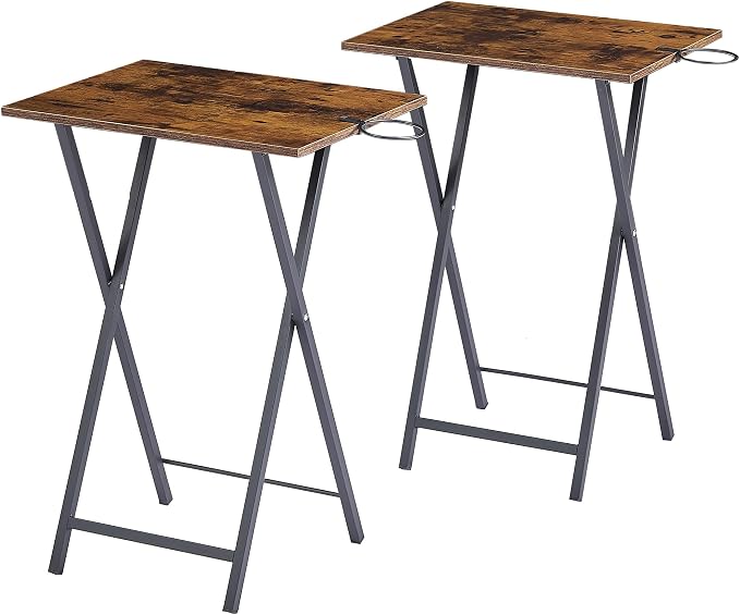 VECELO Folding TV Tray for Eating Set of 4, Portable Dinner/Snack Table with Cup Holder for Couch, Living Room and Small Space, Antique Brown