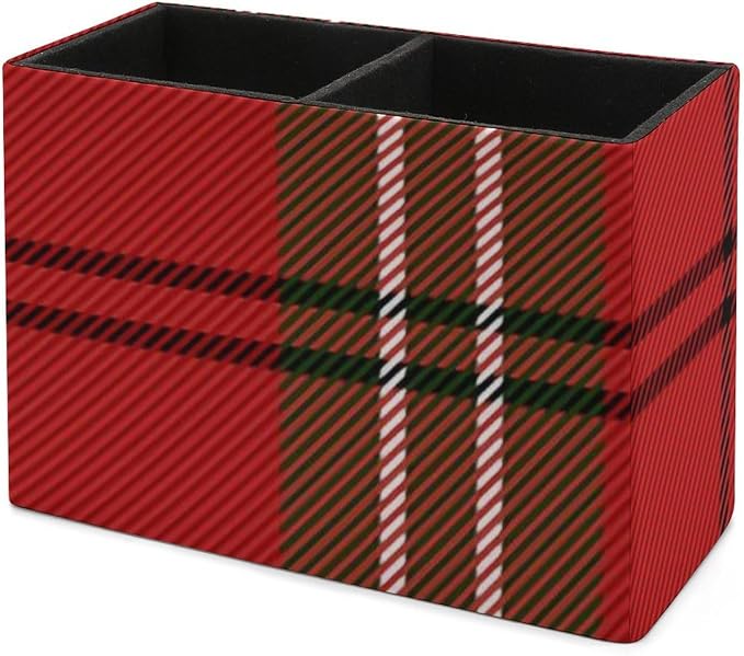 Red Green Tartan Plaid Pattern Scottish Cage PU Leather Pen Holder Desk Organizer, 2-Compartment Pencil Container for Office, Home, Vanity Use