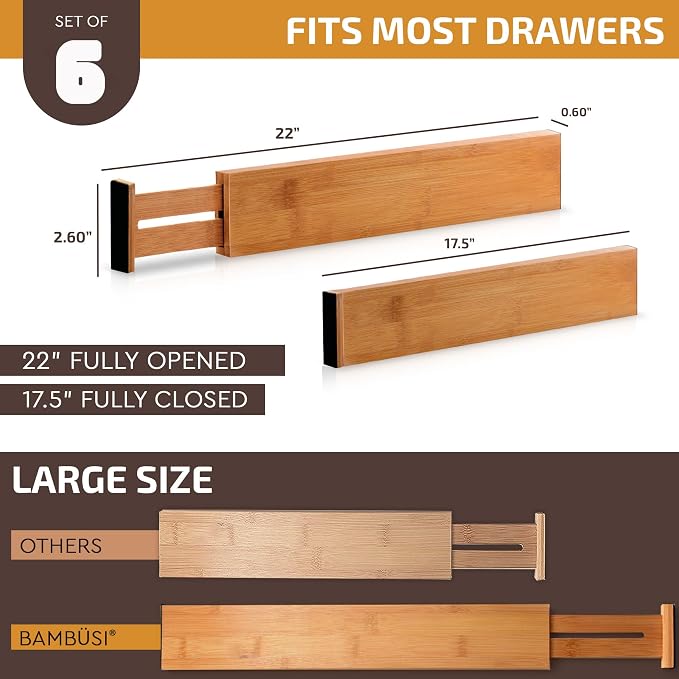 Bambüsi Bamboo Drawer Dividers 6 Pack - Deep Drawer Organizer, Adjustable 16 to 22 Inch Expandable Dividers, 2.6 Inch High Wood Separators for Kitchen, Clothes, Bedroom, Bathroom, Office - White