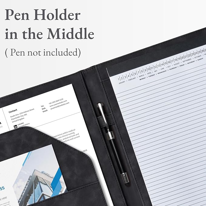 Mymazn Padfolio Portfolio Binder, Faux Leather Interview Resume Folder with Document Organizer & Business Card Holder, Letter-Sized Notepad Legal Pad Holder for Women Men (Black)