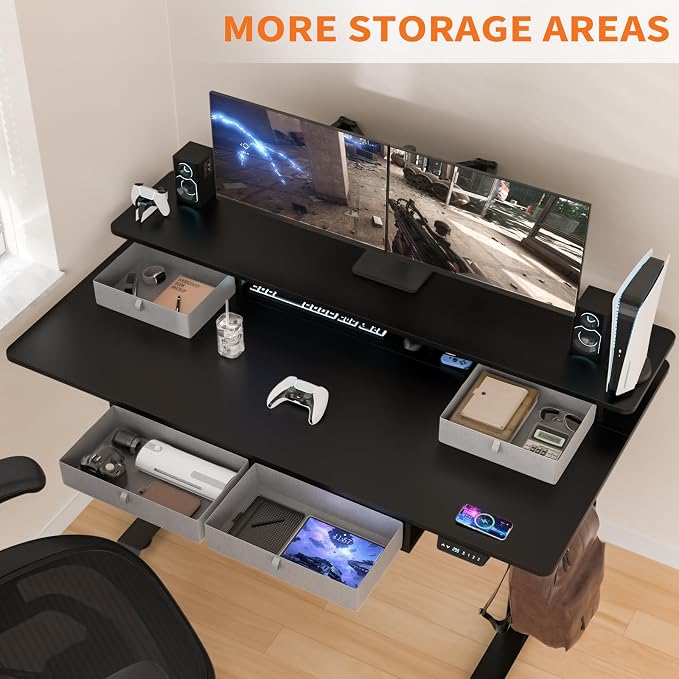 55 * 30 Inches Electric Standing Desk Adjustable Height with 4 Drawers, Double Storage Shelves Stand Up Desk, Home Office Workstation Sit Stand Desk (Classical Black)