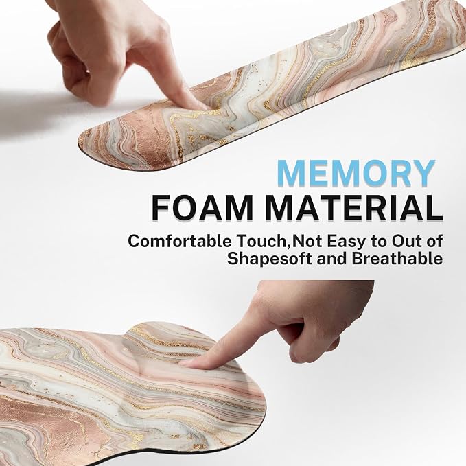 Britimes Gold Pink Marble Abstract Ergonomic Mouse Pad Set with Wrist Rest Non-Slip Rubber Base Wrist Cushion Support and Coasters Mousepad with Wrist Support for Computer Keyboard and Desk