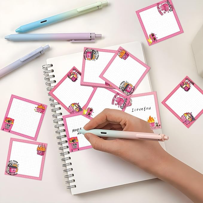 Funny Sticky Notes Gifts - 9 Pack Pink Dumpster on Fire Notepads for Work 3x3 Inch, Everything is Fine Self-Adhesive Memo Pads, Work Gag Office Supplies Gifts for Coworkers (450 Sheets)