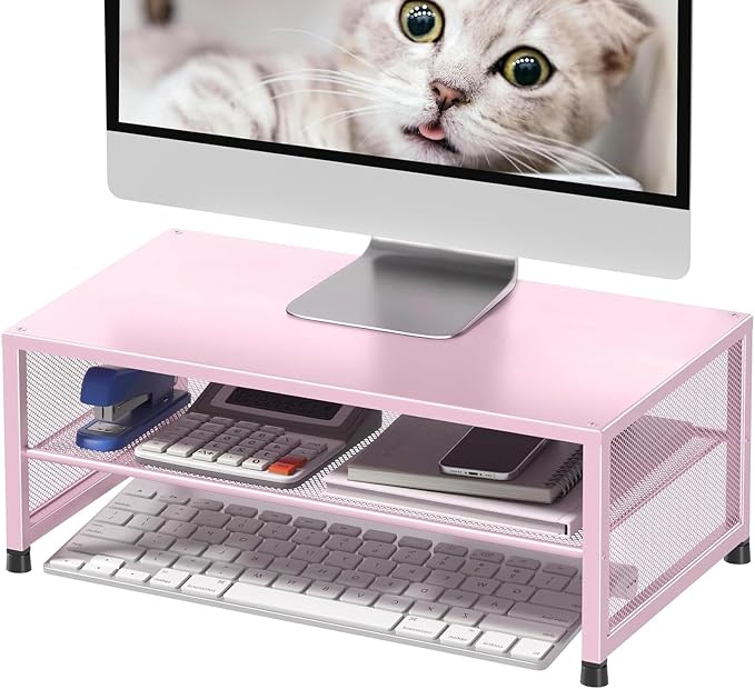 ECOLOVI 2-Tier Computer Monitor Stand Riser, Desk Organizer for Monitor, Printer & Laptop Stand, Desktop Workspace Organizers for Office Supplies(Pink)