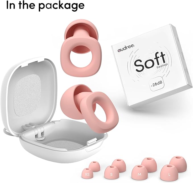 Audree Soft Ear Plugs for Noise Reduction, Reusable Flexible Earplugs for Sleep, Travelling, Focus, Study & Noise Sensitivity, 28dB Noise Cancelling, 8 Silicone Ear Tips in XS/S/M/L, Pink
