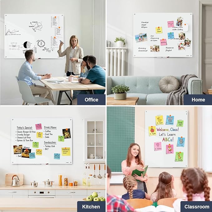 TANKEE Glass Whiteboard, 48 x 36 Inches Magnetic Glass Dry Erase Board for Wall, Large Frameless White Board for Office School Home Classroom