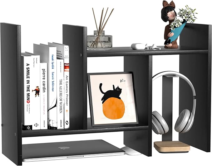 Desk Shelves Wood Desktop Orgnizer Shelf.Office Organization for Top of Desk Organizers and Accessories Bookshelf Shelving,Adjustable Tier H-Shape Mini Bookcase(Black)