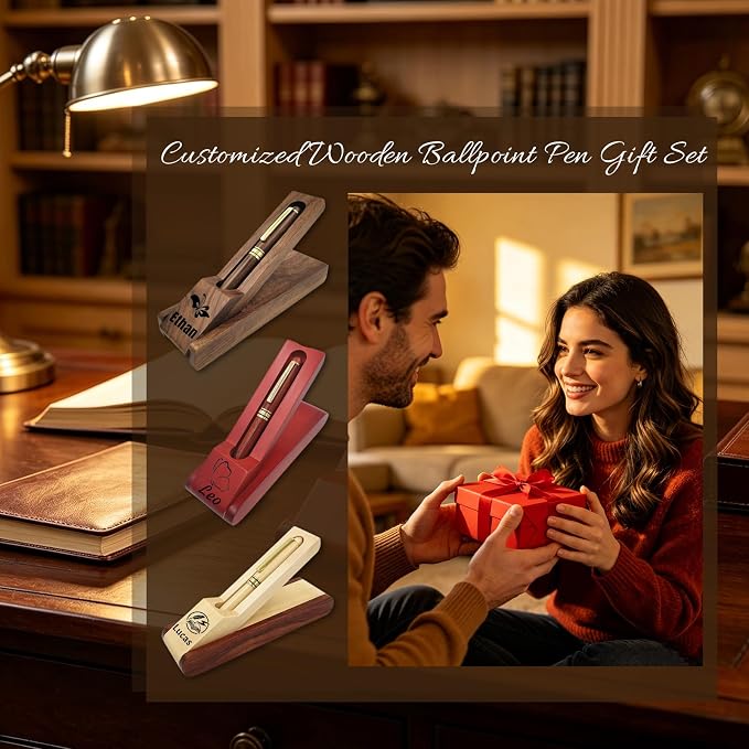 Custom Wooden Ballpoint Pen Set Personalized Wood Pen Set with Engraved Name Logo,Wood Pen Set Gift Box for Men Women