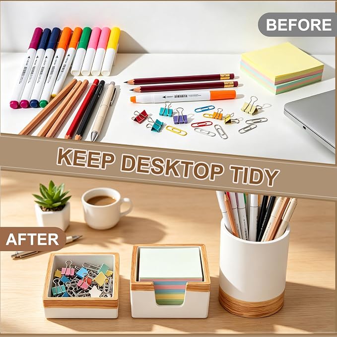 Set of 4 Modern Aesthetic Desk Accessories Organizer Set Minimalist Neutral Home Office Decor Desk Supplies for Men-Pen, Business Card Holder, Sticky Note, Paper Clip Holder(White)