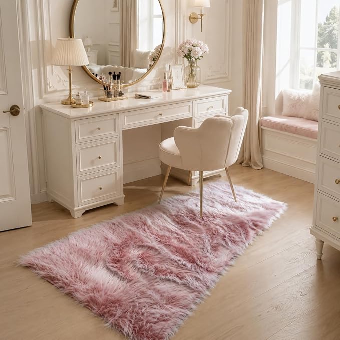 EasyJoy Faux Sheepskin Rug, Fluffy Faux Fur Rug, Ultra Soft Shag Area Rug with Non-Slip Backing for Bedroom, Living Room, Nursery, Kids Room(2x6 ft Rectangle, Frosted Bottom Pink)