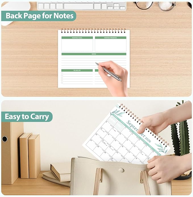 Desk Calendar 2026, Desktop Calendar 2026 Standing Flip Cover 12 Month(January - December), Small Desk Planner with Stickers & Notes for Office Accessories and Home School Supplies, Leaf