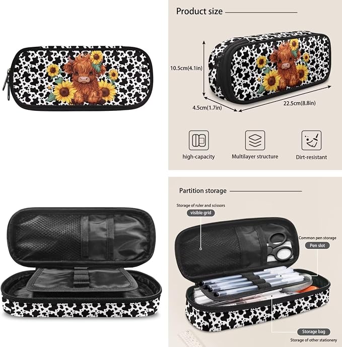 ZFRXIGN Highland Cow Kids Backpack for Boys Bookbag with Cute Pendant 17inch Elementary School Girls Bag and Insulated Lunch Box Portable Pencil Case Cow Print