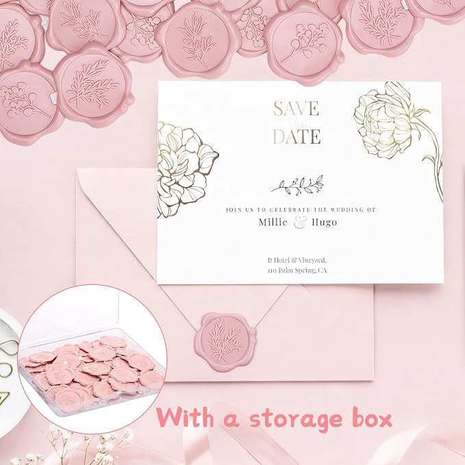 60Pcs Wax Seal Stickers, Wedding Invitation Envelope Seal Stickers Adhesive Backed Blush Pink for Wedding, Party,Valentine's Day,Mother's Day,Gift Wrapping (4 Leaf Styles)
