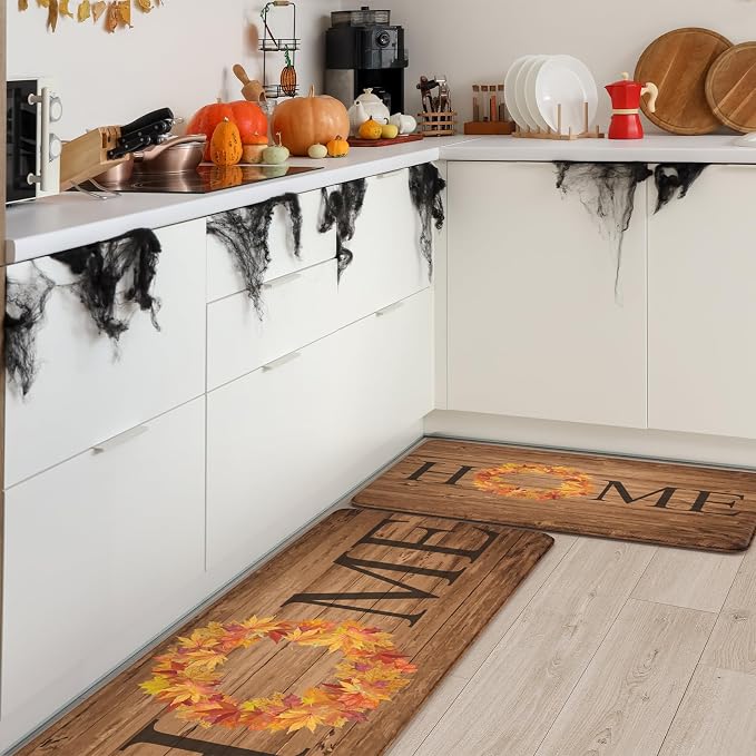 KIMODE Fall Kitchen Mat Anti Fatigue, Farmhouse Maple Leaves Kitchen Rugs Sets of 2, Autumn Cushioned Kitchen Floor Mats, Comfort Kitchen Rugs Non Slip for Floor Sink, Laundry, Desk 17"x47"+17"x29"