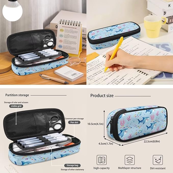 Sharks Backpack for Boys Girls Primary Middle School Bookbags Kid 3 Piece Set Back to School Supplies Kids Schoolbags with Lunch Bag and Pencil Box