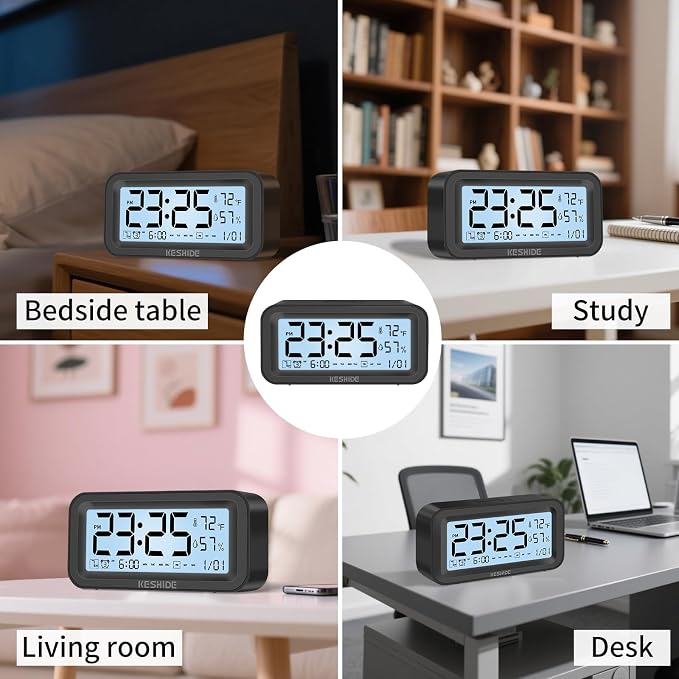 Night Light Digital Alarm Clock Battery Operated with Indoor Temperature Humidity, Desk Small Clock,Snooze Model,12/24H Display for Bedrooms Heavy Sleepers Kids Travel Bathroom (Black)