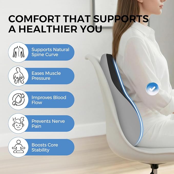 BEBAS Ergonomic Memory Foam Lumbar Support Pillow for Car & Office | Wraparound Side Wings for Back Support, Lumbar Cushion with Fixed Ring, Breathable Washable Cover, Fits Driving, Work, Black