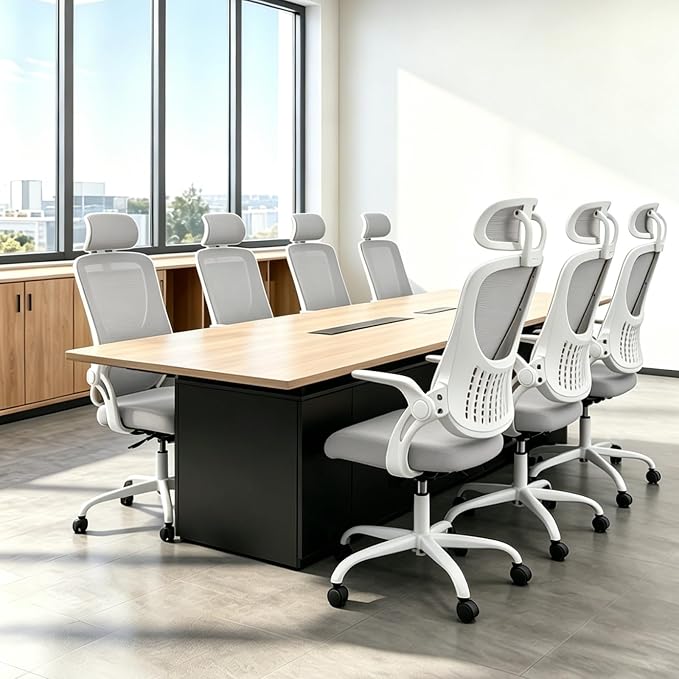 Ergonomic Light Weight Office Chair, Comfy Desk Chair with Wheels, Work Chair with Adjustable Headrests, Flip-Up Armrests, Breathable Mesh Back, Small Computer Chair for Home Computer, Grey