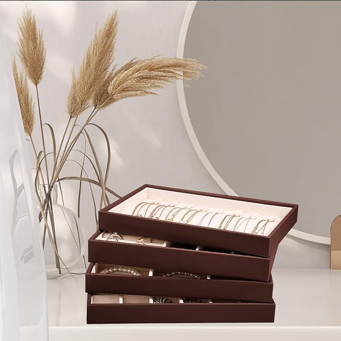 LANDICI Stackable Jewelry Organizer Trays 4 Set,PU Leather Jewelry Organizer Drawer,Jewelry Storage Display Tray for Earring Necklace Rings Bracelet with Removable Dividers,Coffee