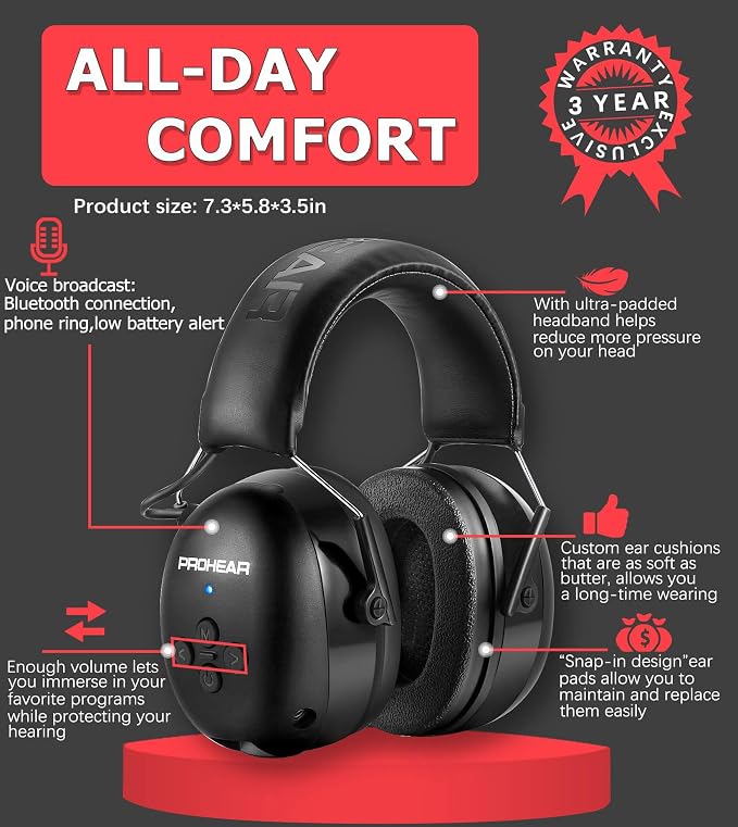 PROHEAR 037 2 Pack Bluetooth 6.0 Hearing Protection Headphones with Rechargeable, 30dB SNR Safety Noise Reduction Ear Muffs for Mowing Workshops Snowblowing, Black and Black