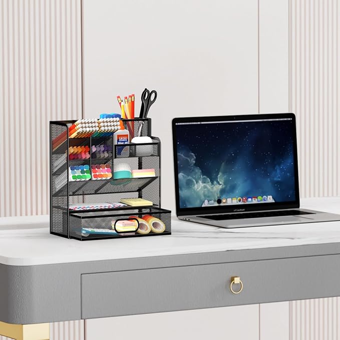 Mesh Pen Organizer for Desk, 13 Compartments with Drawer, Black | Metal mesh pencil holder and desk organizer with tilted slots for easy access to stationery at home, school or office