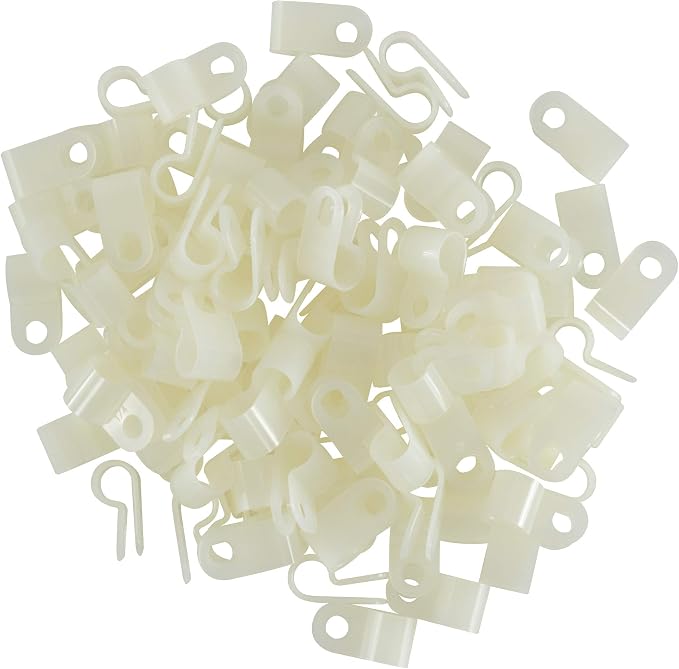 GTSE White Nylon Plastic Cable Clamps, 1/4" Screw Mounts for Cable, Rope, Tube Management, 100 Pack