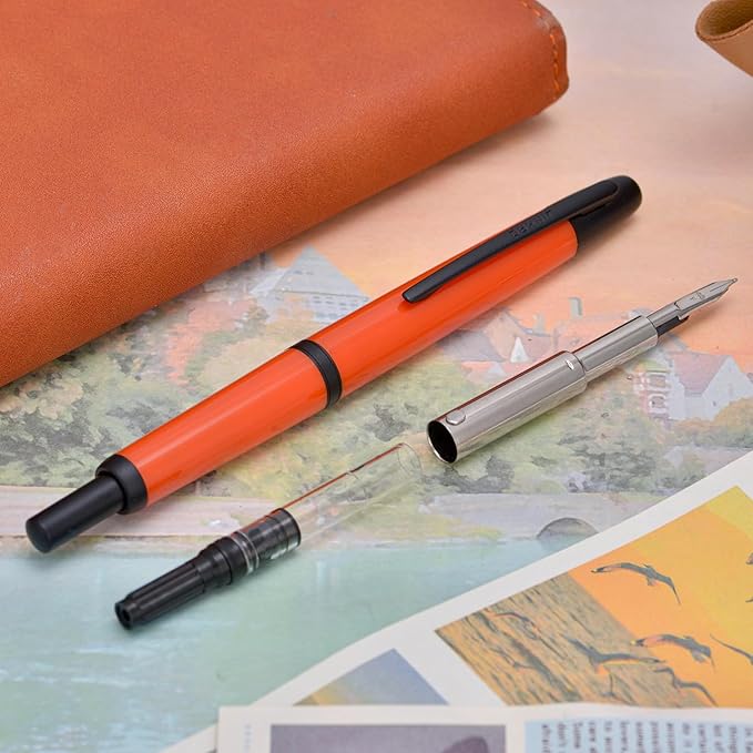 Jinhao 20 Press Retractable Fountain Pen Extra Fine Nib with Converter Resin Writing Gift Pen, Dark Red with Black Clip